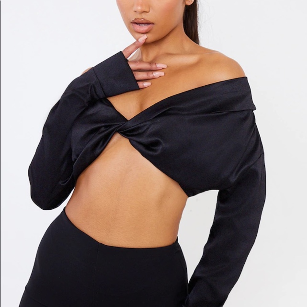Black Bardot Twist Front Crop Blouse